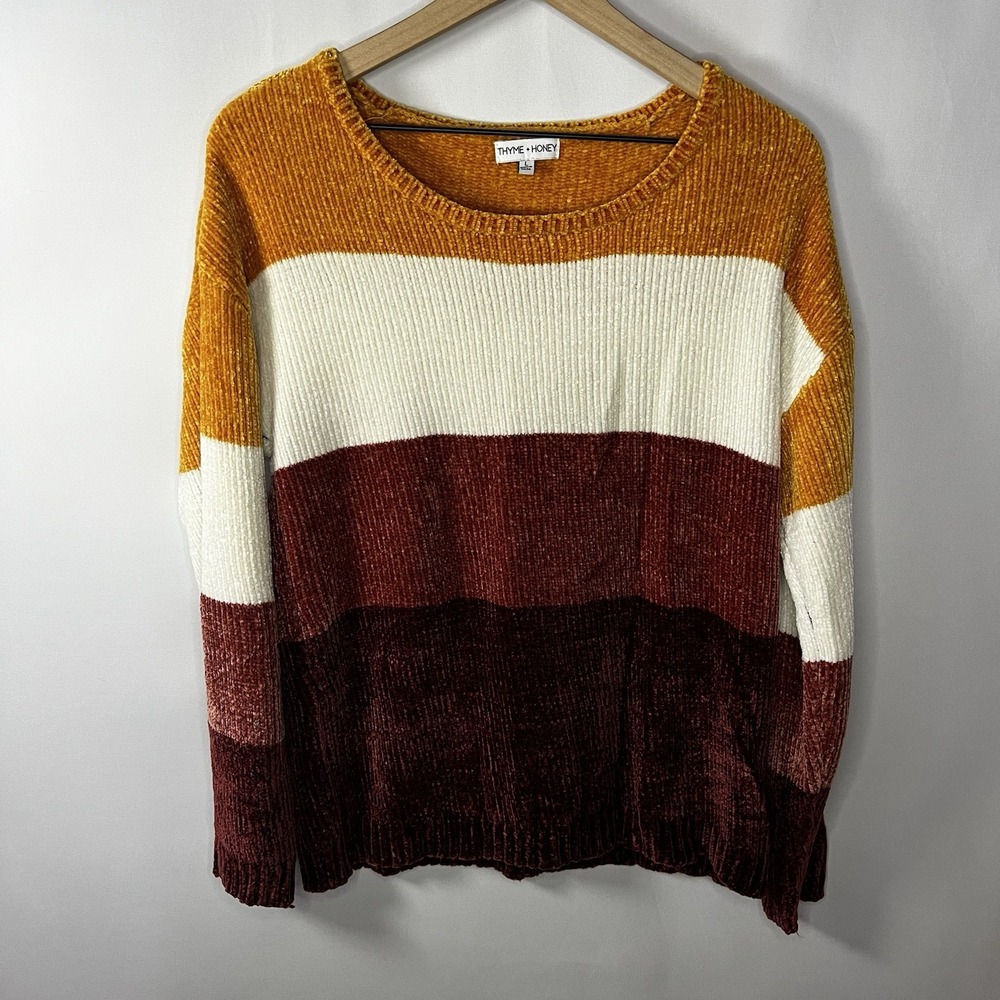 Thyme +‎ Honey Sweater Women Size Large Stripe Boat Neck Long Sleeve Chenille